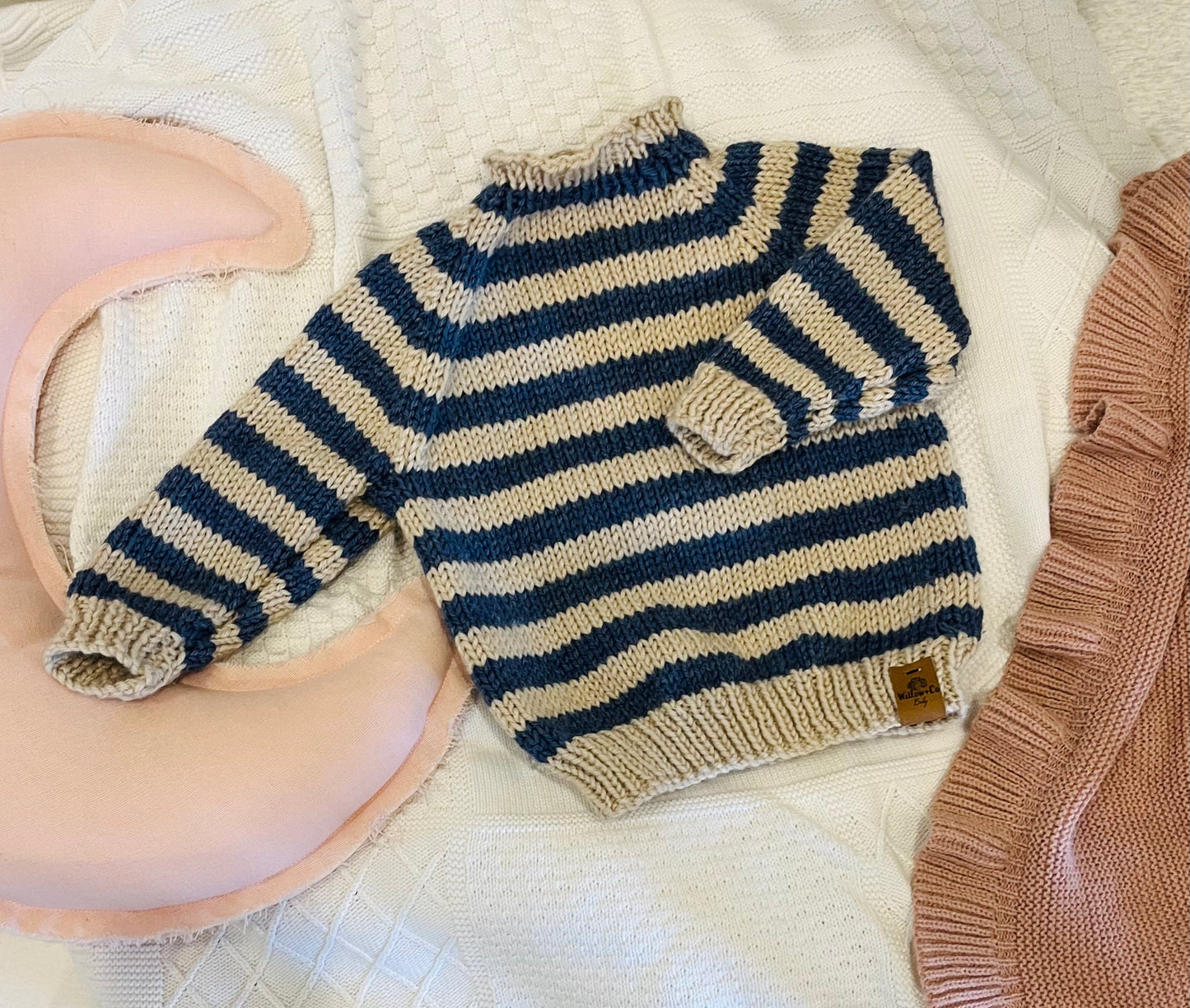 HAND KNITTED JUMPER - BEIGE AND NAVY STRIPE