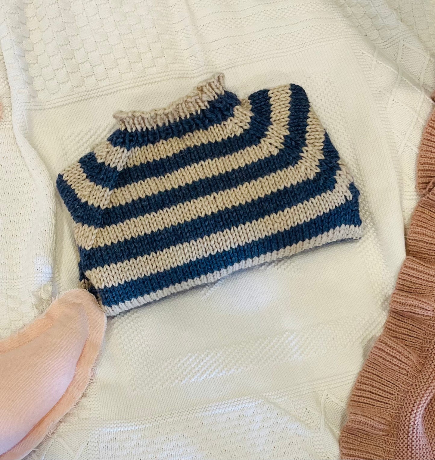 HAND KNITTED JUMPER - BEIGE AND NAVY STRIPE