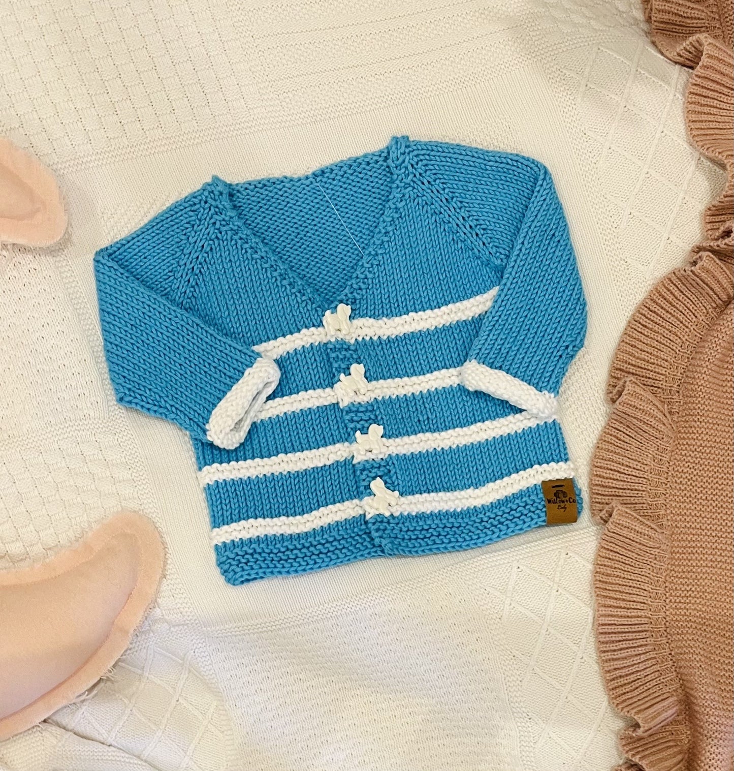 HAND KNITTED CARDIGAN - BLUE AND WHITE