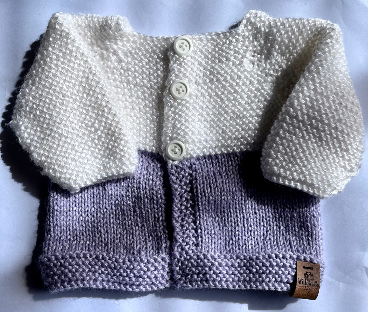 HAND KNITTED CARDIGAN - WHITE & LILAC