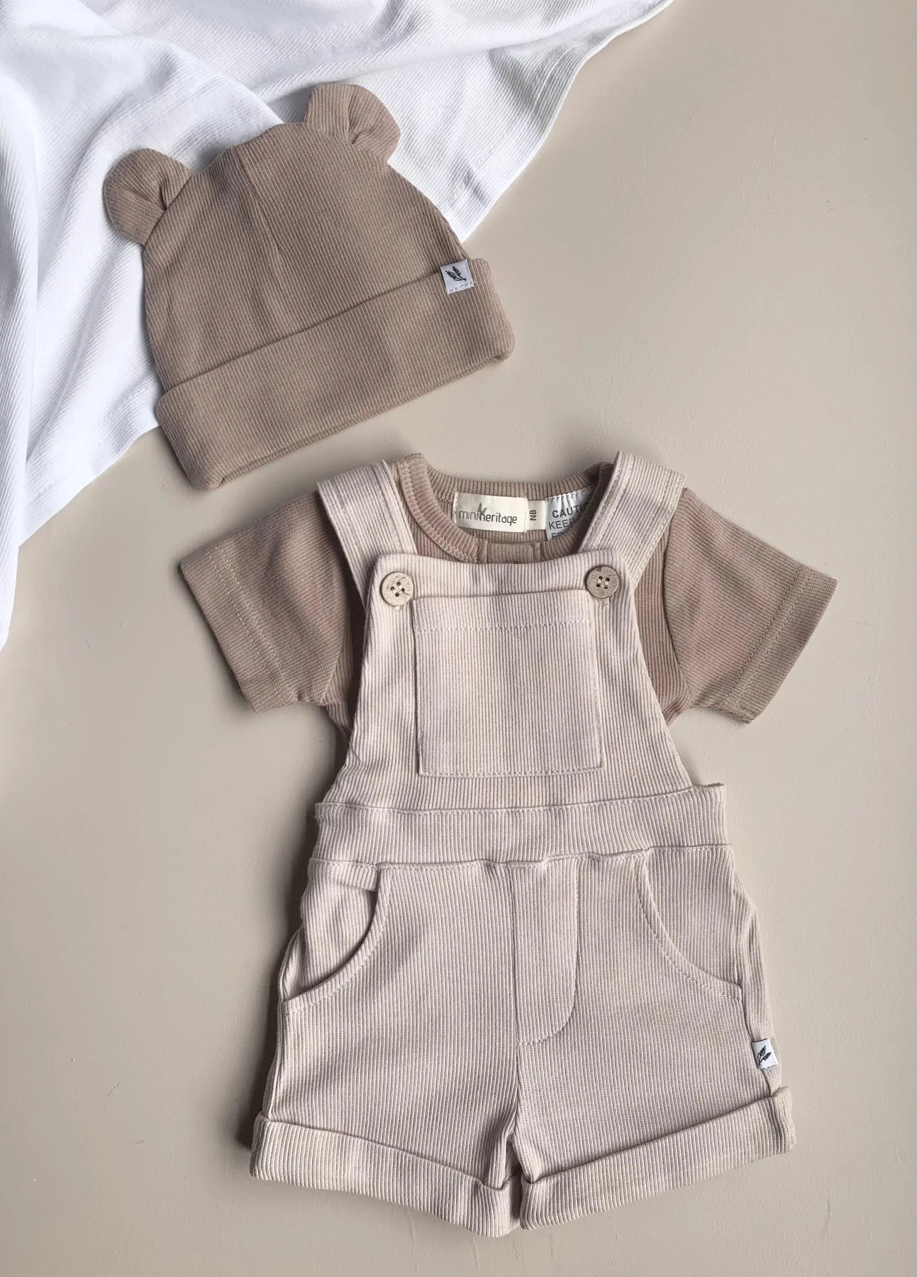 MINI HERITAGE RIBBED ORGANIC OVERALLS - FAWN