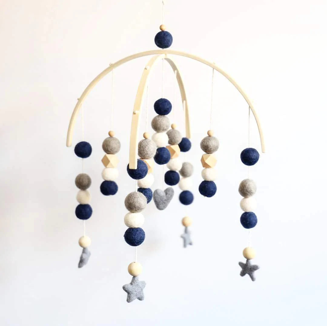 NAVY, WHITE, DARK GREY, RAW HEX AND ROUND BEAD FELT BALL MOBILE