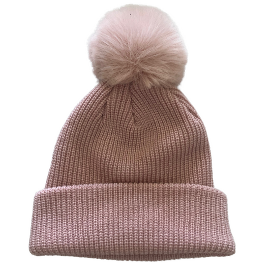 KNITTED POMPOM BEANIE - PINK