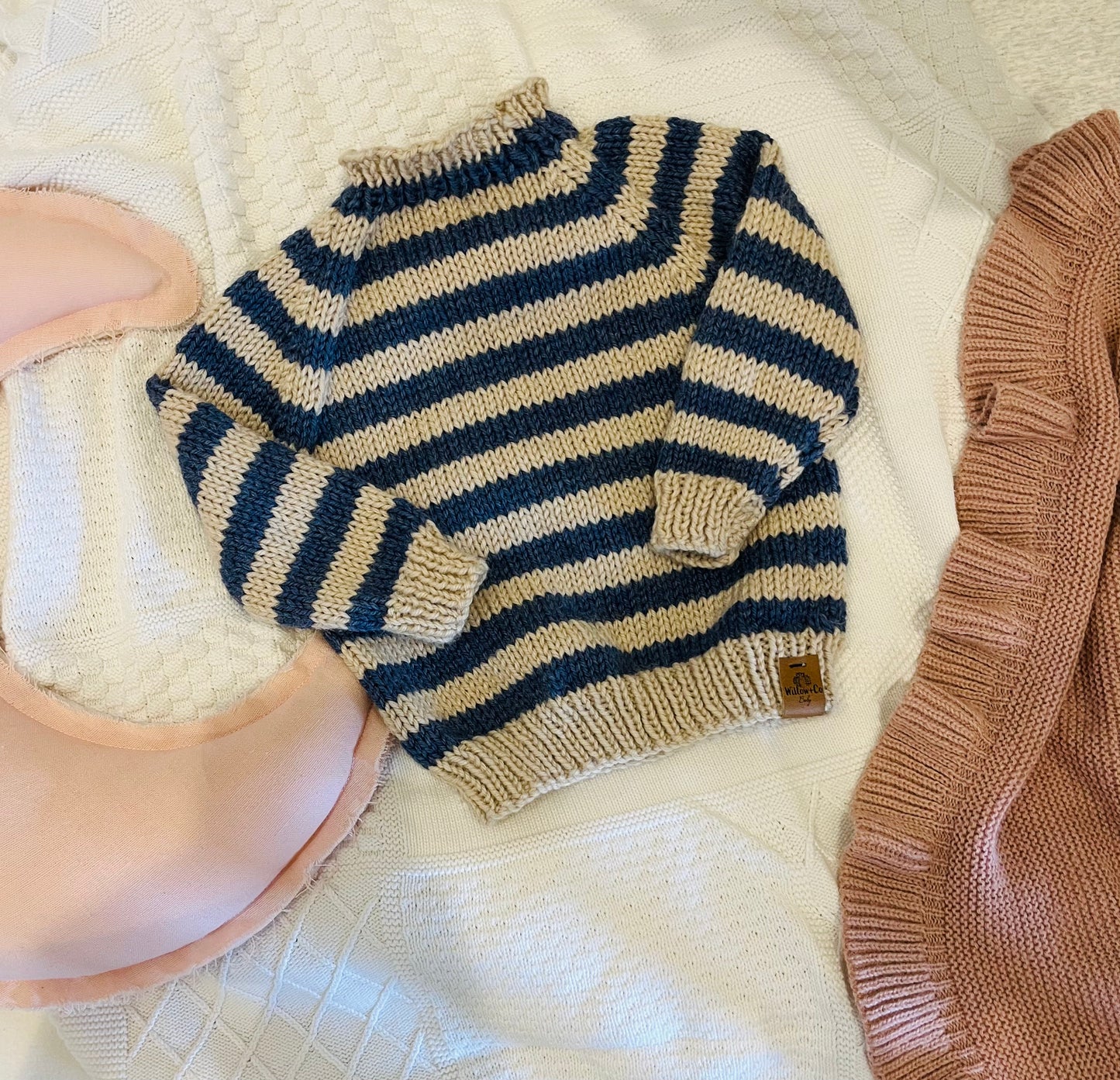 HAND KNITTED JUMPER - BEIGE AND NAVY STRIPE