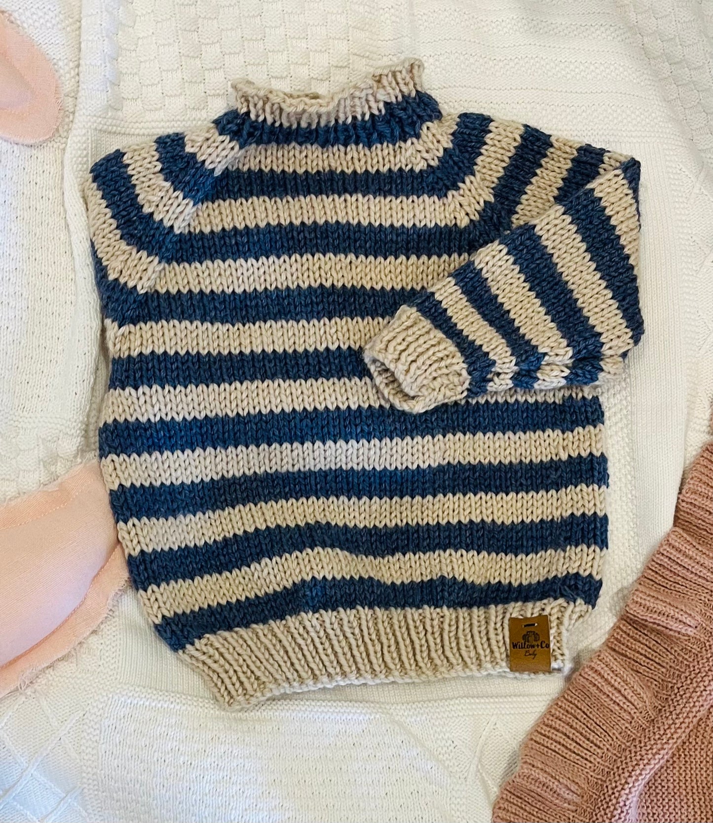 HAND KNITTED JUMPER - BEIGE AND NAVY STRIPE