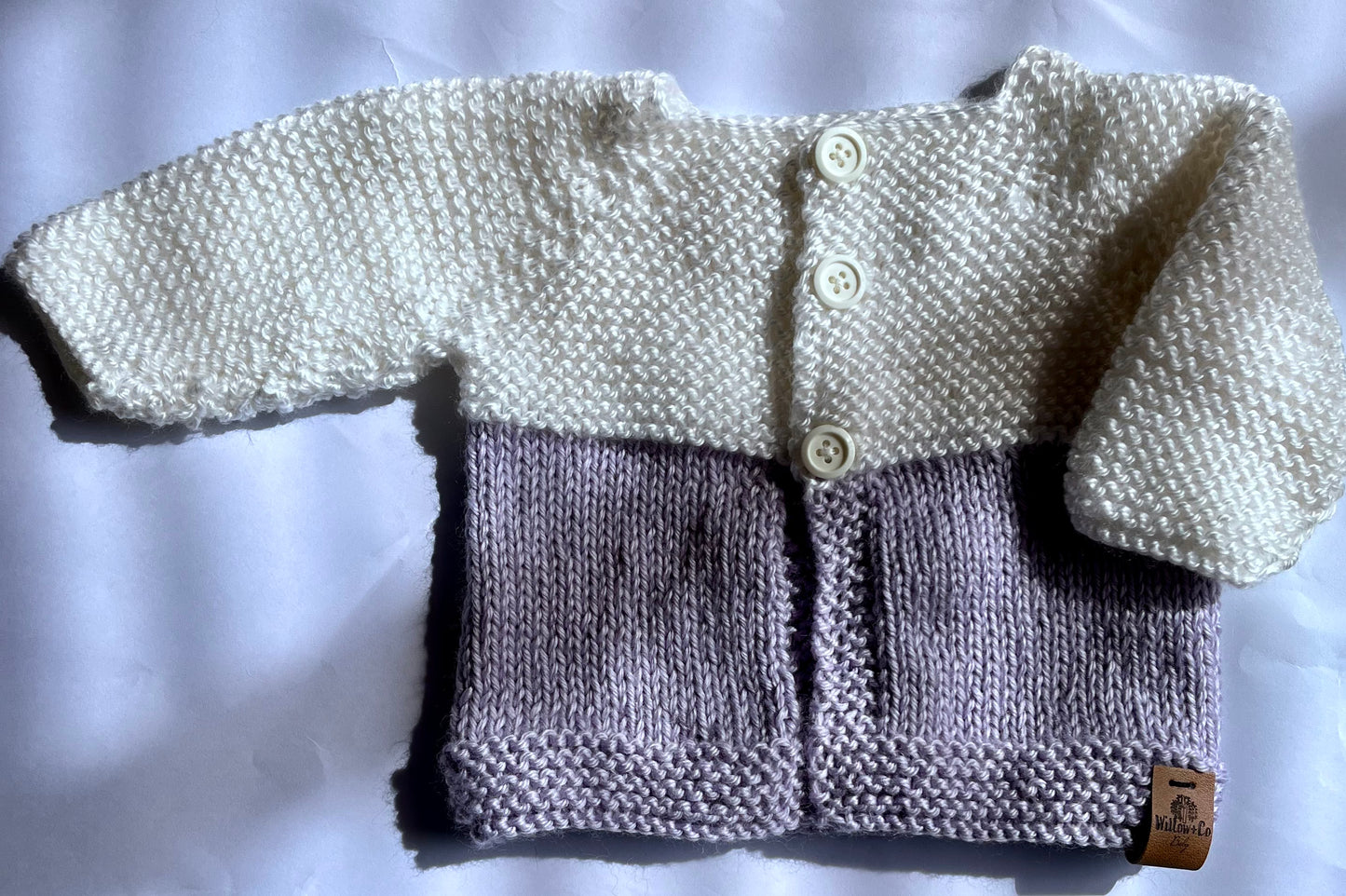 HAND KNITTED CARDIGAN - WHITE & LILAC