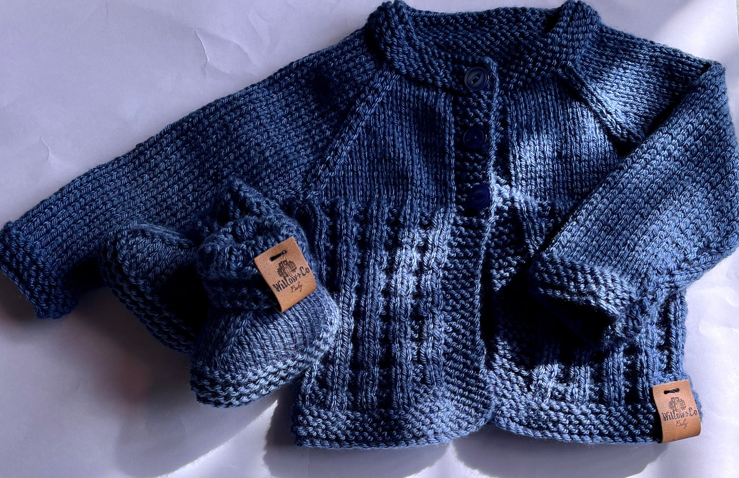 HAND KNITTED CARDIGAN & BOOTIE SET - NAVY