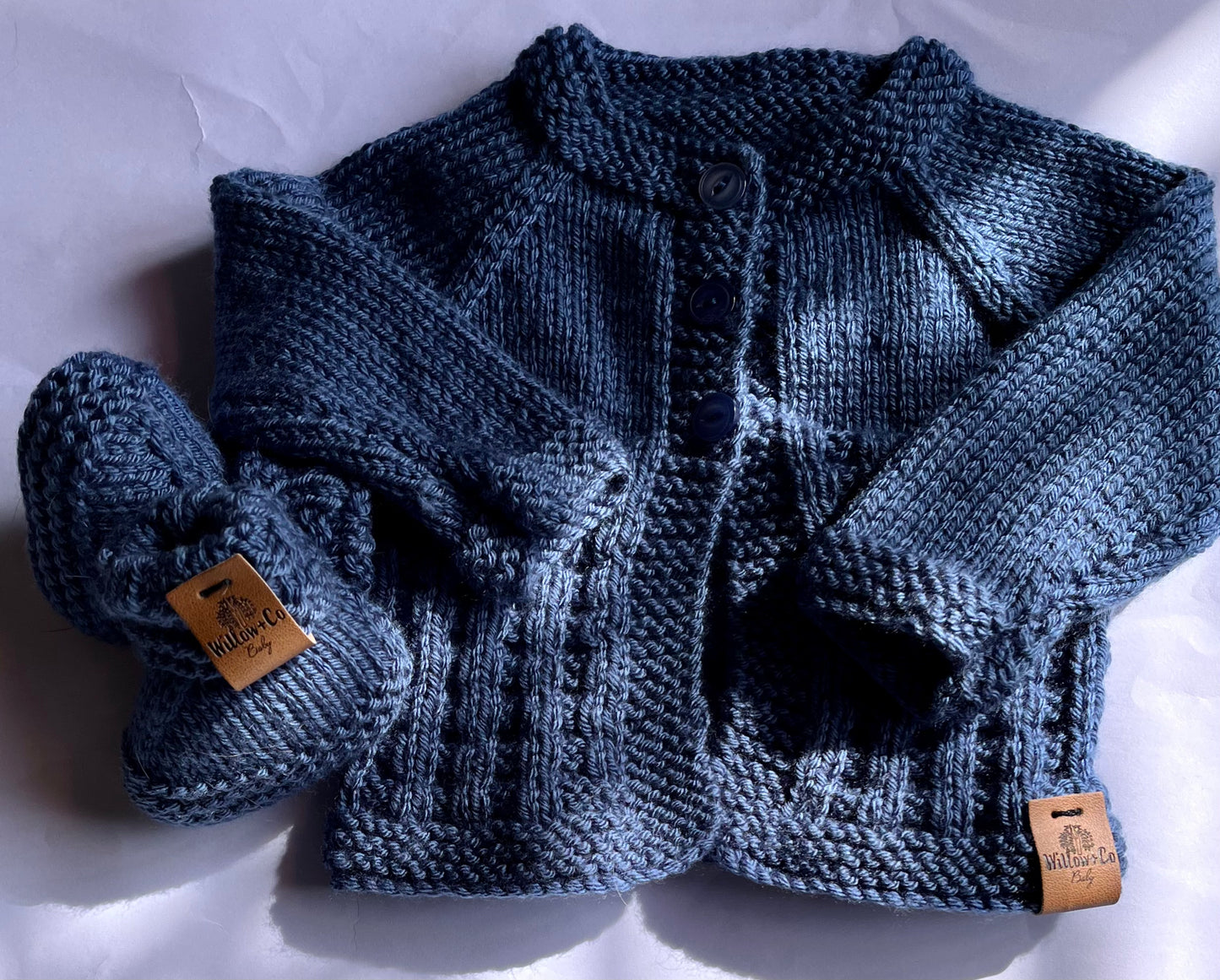 HAND KNITTED CARDIGAN & BOOTIE SET - NAVY