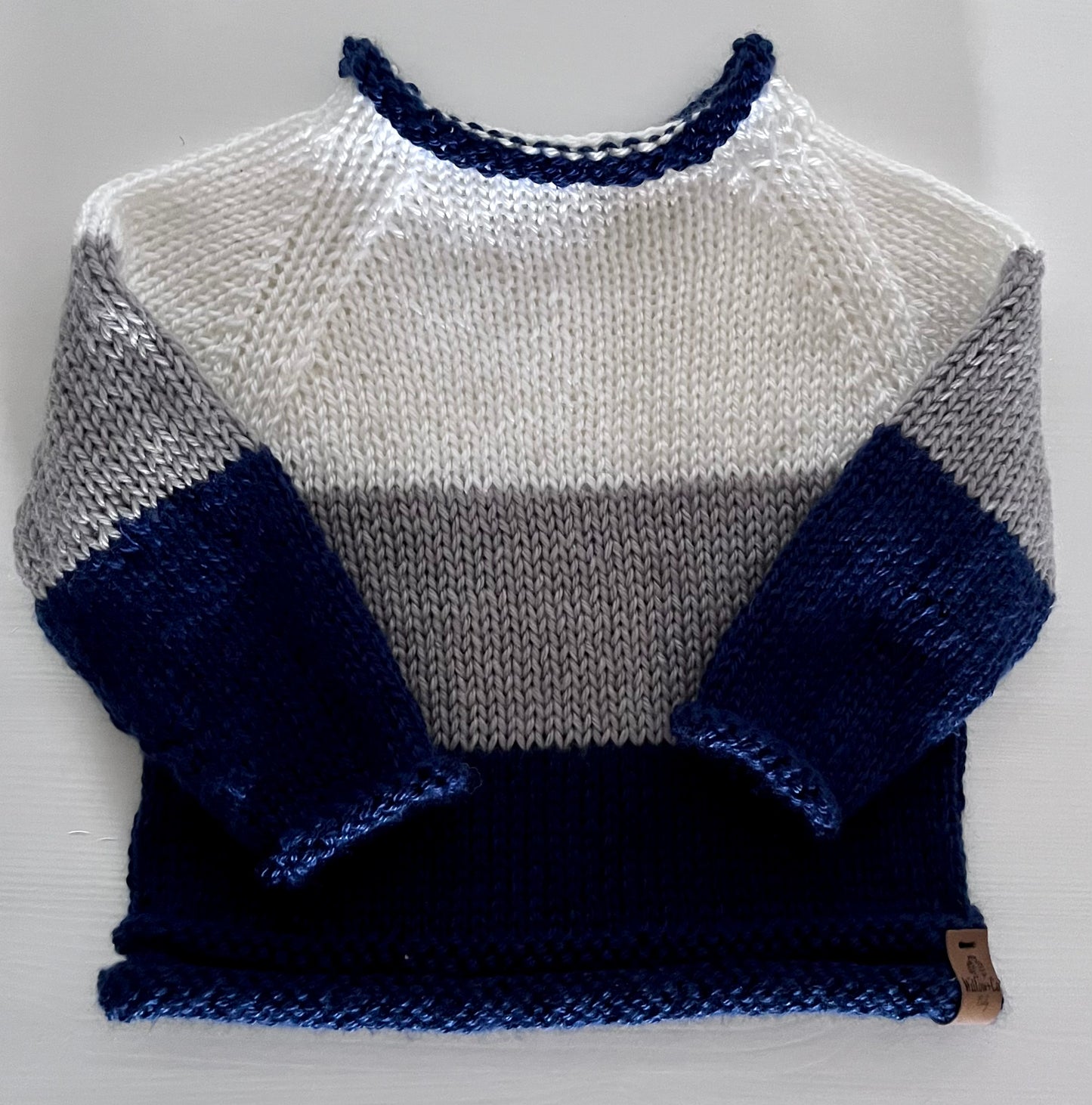 HAND KNITTED JUMPER - WHITE, GREY AND NAVY STRIPE