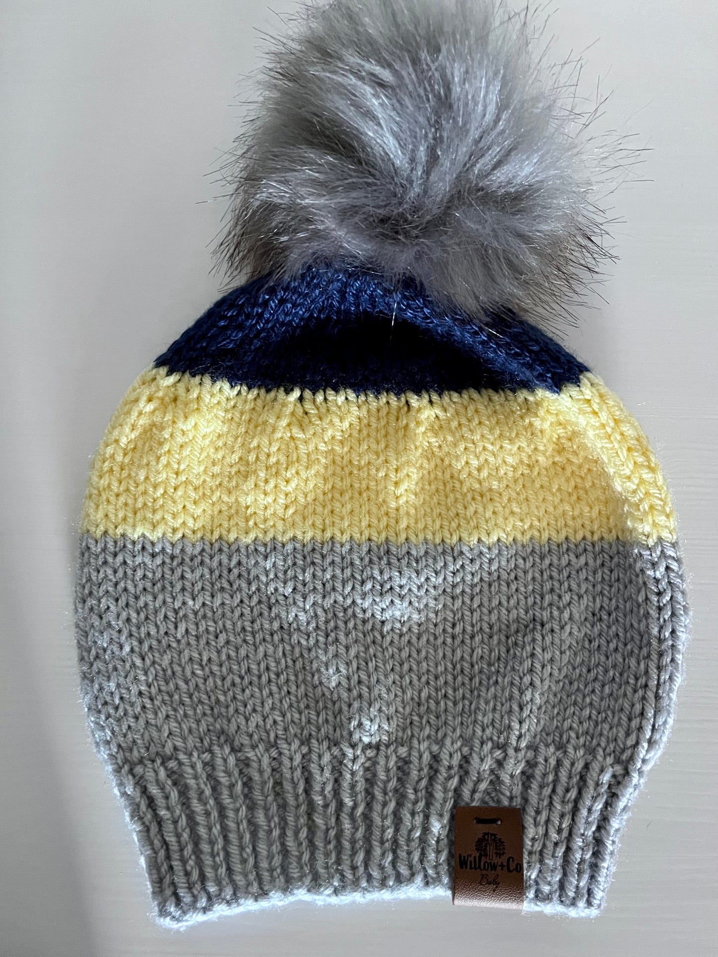 HAND KNITTED BEANIE - GREY, YELLOW & NAVY