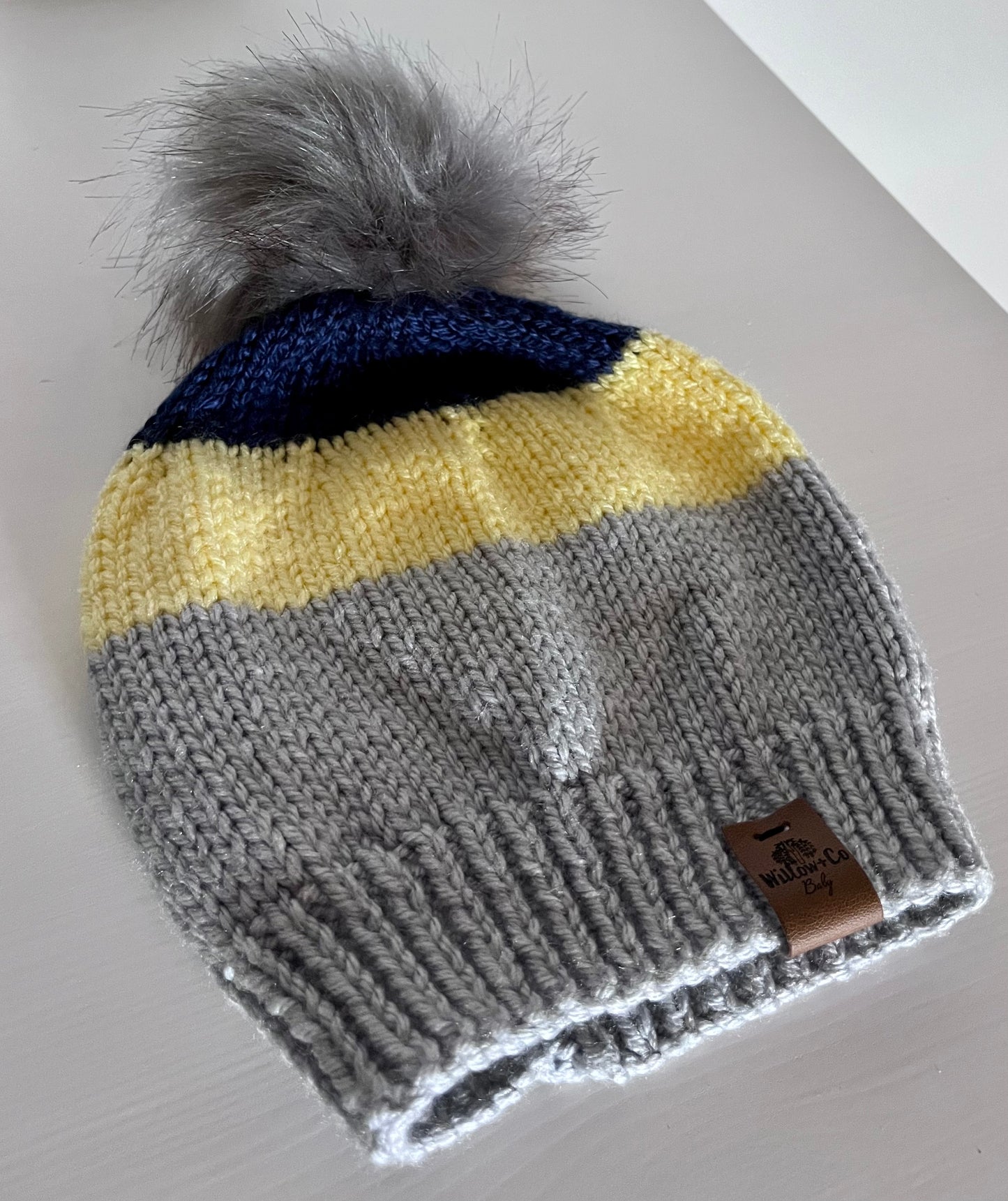 HAND KNITTED BEANIE - GREY, YELLOW & NAVY