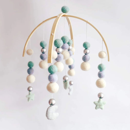 HEARTS, STARS AND MOONS FELT BALL MOBILE - WHITE, POWDERED BLUE, MINT AND SILVER