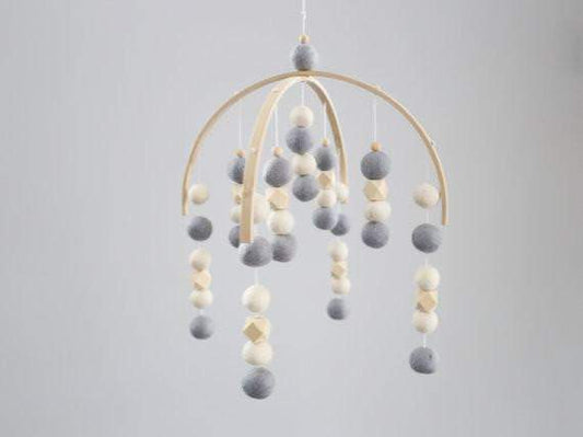 POWDERED BLUE, WHITE AND RAW HEX FELT BALL MOBILE