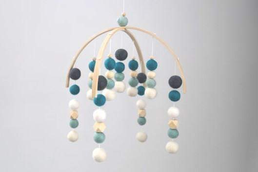 TURQUOISE, MINT, GREY/BLUE, WHITE HEX ROUND FELT BALL BABY MOBILE