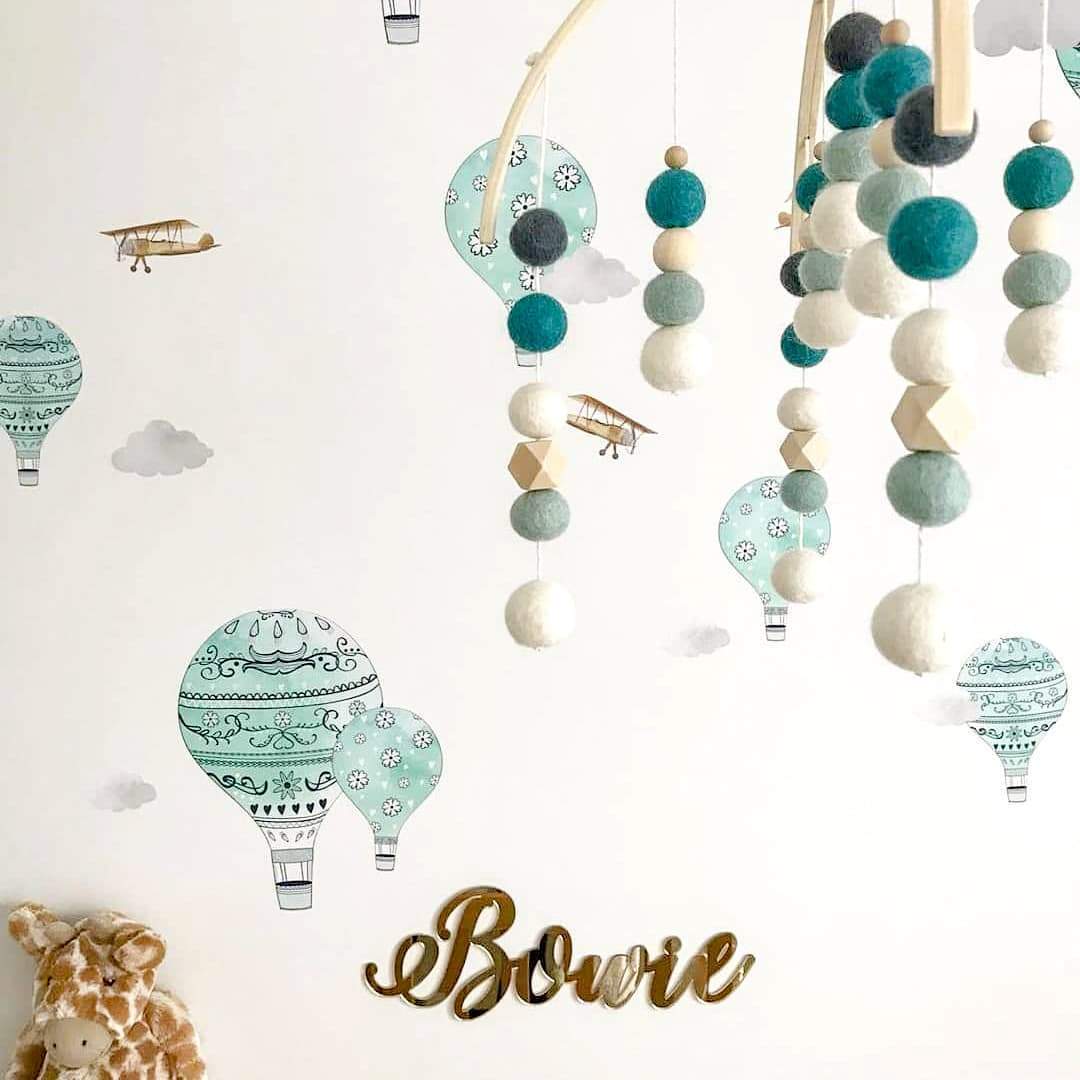 TURQUOISE, MINT, GREY/BLUE, WHITE HEX ROUND FELT BALL BABY MOBILE